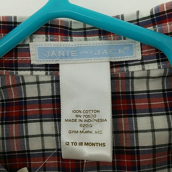 NWT Janie and Jack Button Down Plaid Gingham 100% Cotton Red 12-18 Months - Picture 2 of 6